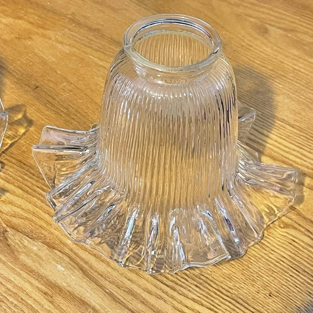 Vintage 1980s Clear Ribbed‎ Glass Lamp Shades Ruffled Edge 2